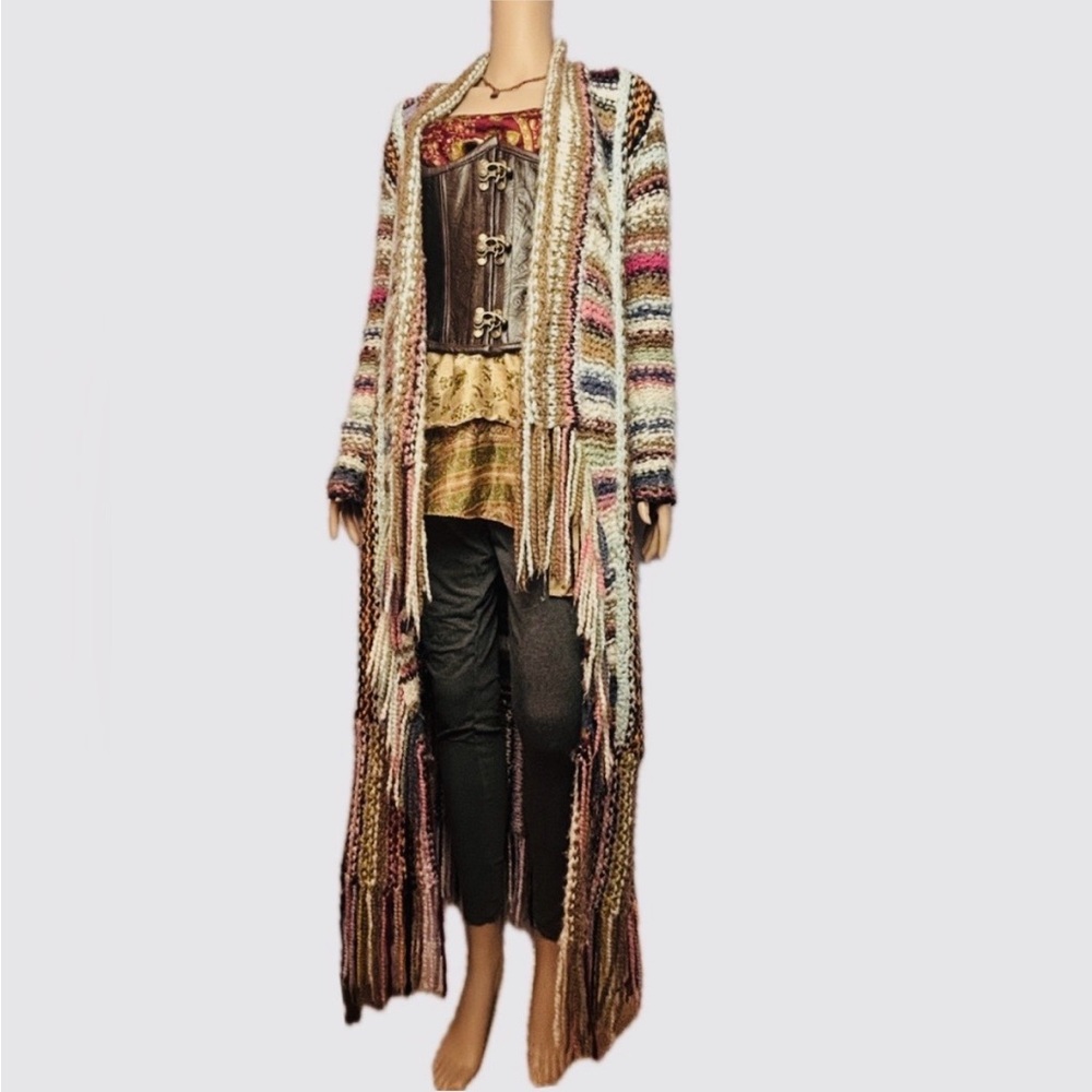 Free People T Party Cardigan Duster Multi Color Knit Fringe Coat of Many Colors - Picture 3 of 9